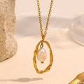 gold plated stainless steel hammered oval necklace with white pearl-style bead