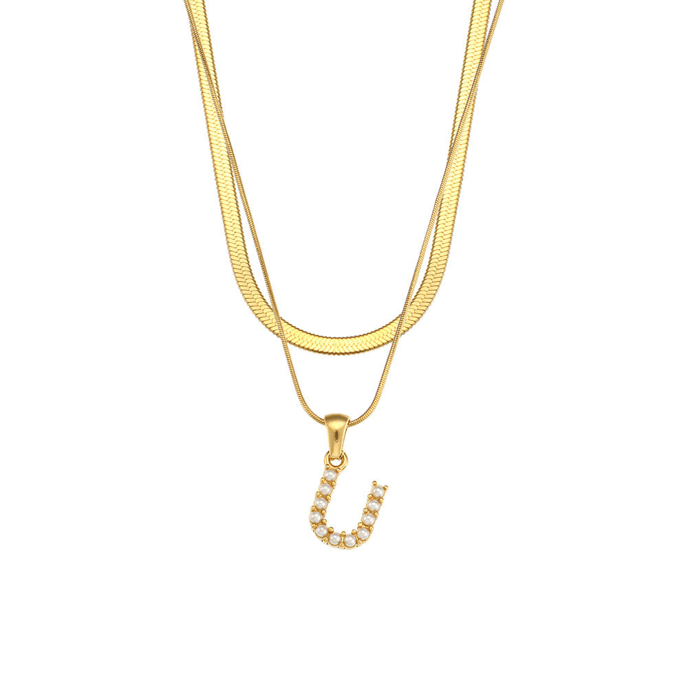 Imitation pearl letter U pendant on layered stainless steel chains