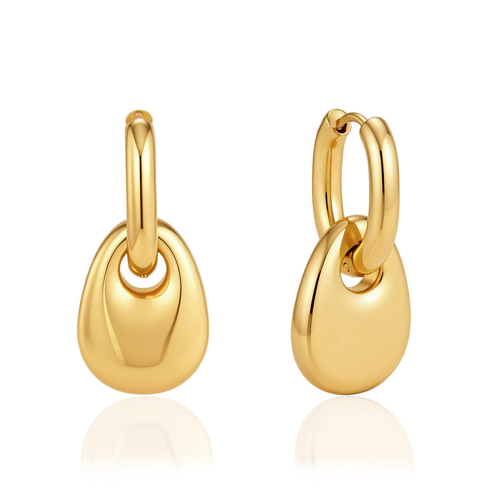 Front and side of gold tone pebble drop earrings