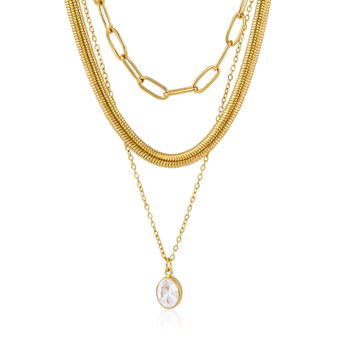 Triple chain necklace front view on white