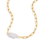 Two gold-tone stainless steel necklace variants with white accents