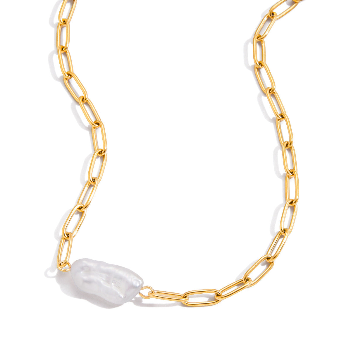 Two gold-tone stainless steel necklace variants with white accents