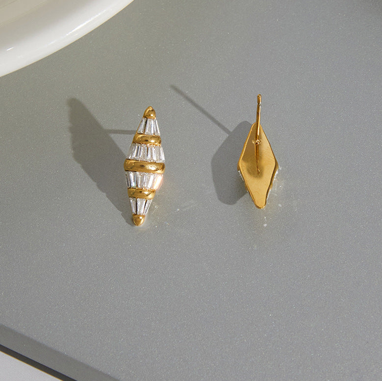 Front and reverse of tapered clear stone stud earrings