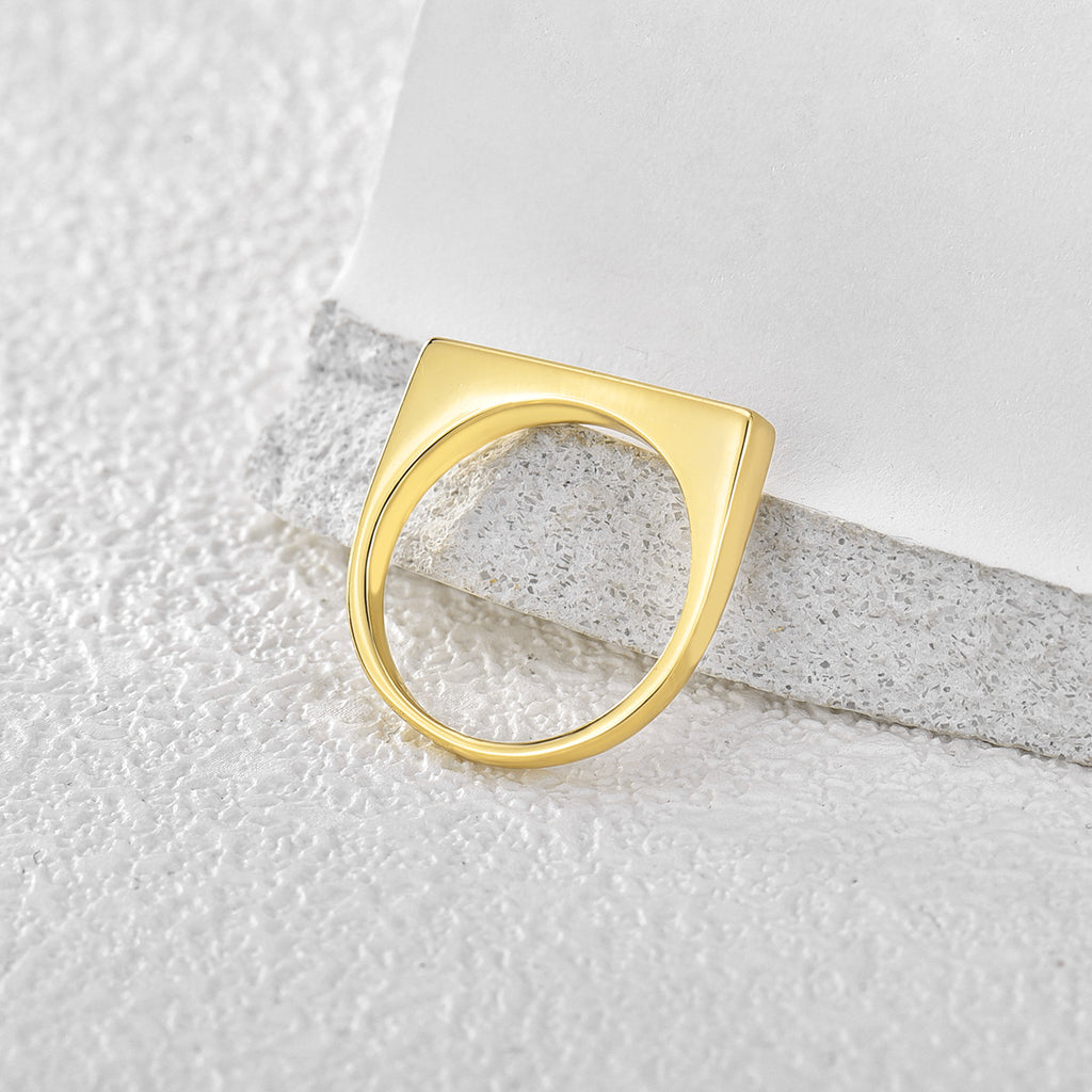 underside view of rectangular signet ring with squared shoulders