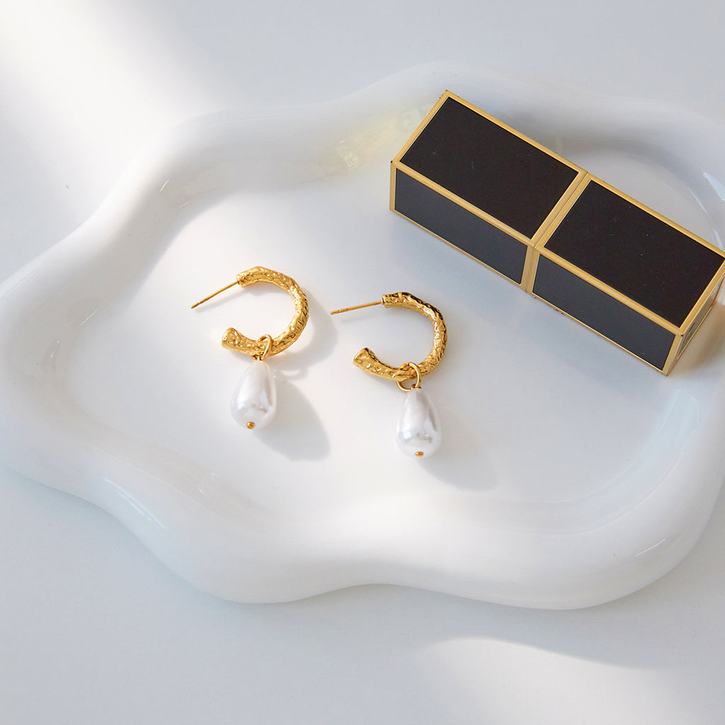 Wholesale Gold-Tone Stainless Steel Resin Pearl-Look Drop Hoop Earrings - side profile