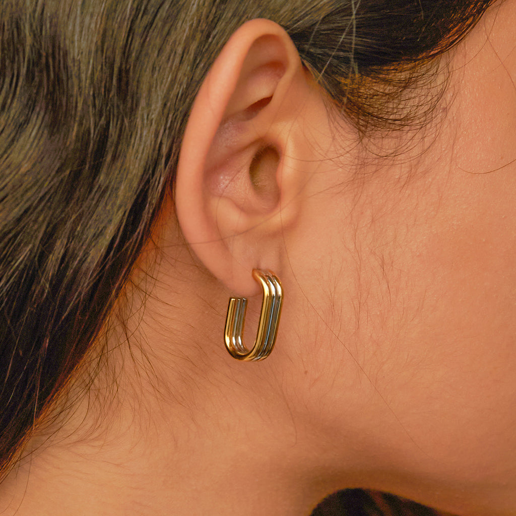 Two-Tone Triple-Line Stainless Steel Stud Earrings on-model view