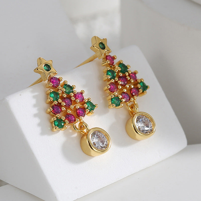 Gold plated Christmas tree earrings with multicolor stones and clear round drops