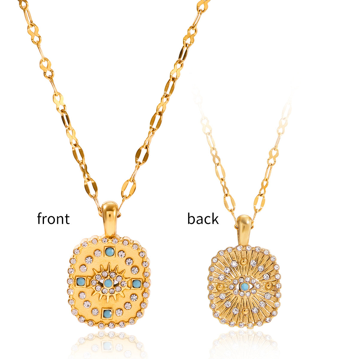 Gold-Tone Evil Eye Stainless Steel Necklace and Earring Collection finish and shape detail