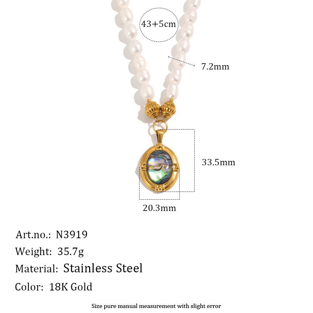 white bead strand and iridescent pendant length and dimension diagram