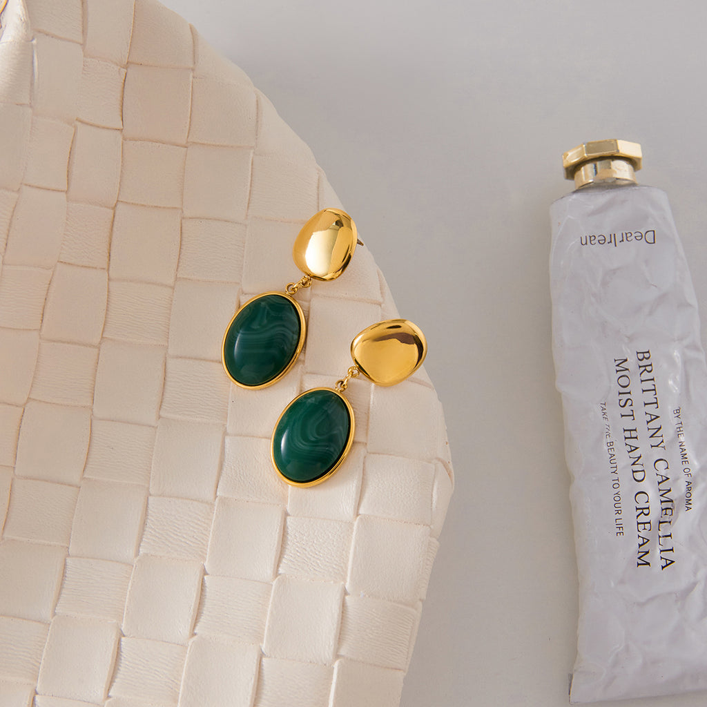 Wholesale Gold-Tone Stainless Steel Green Resin Drop Earrings - front view