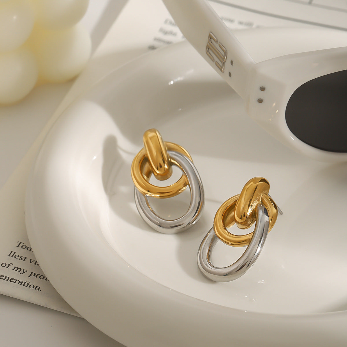 Two-Tone Interlocking Stainless Steel Drop Earrings — wholesale view 2
