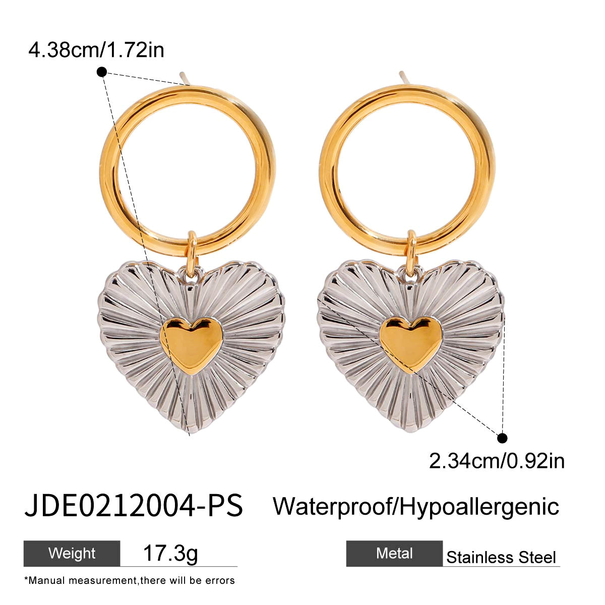 Two-Tone Heart Stainless Steel Drop Hoop Earrings – detail view