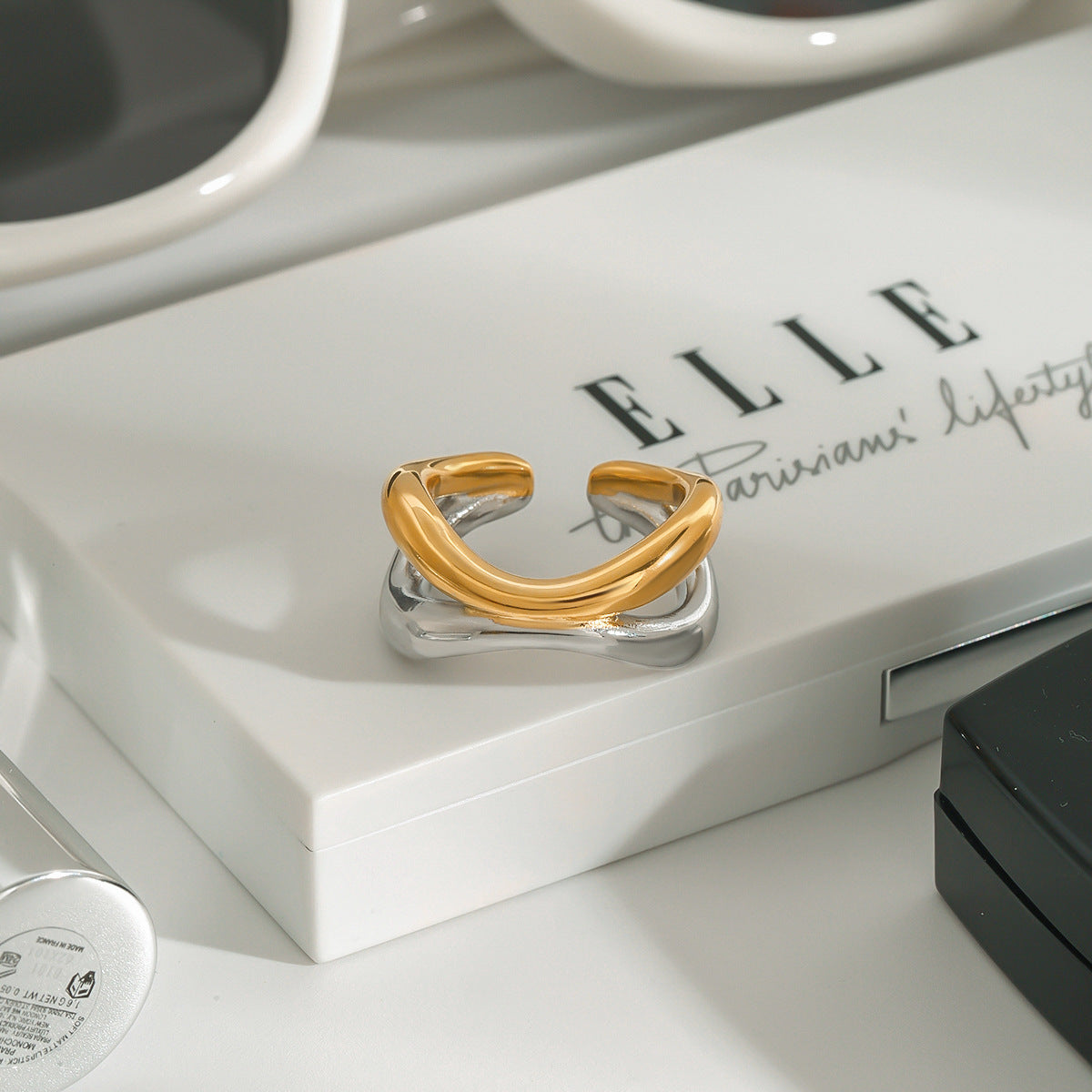 Two-Tone Stainless Steel Sculptural Double-Band Open Ring — detail view