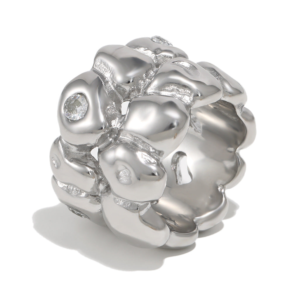 silver-finish pebble band ring with small clear accents