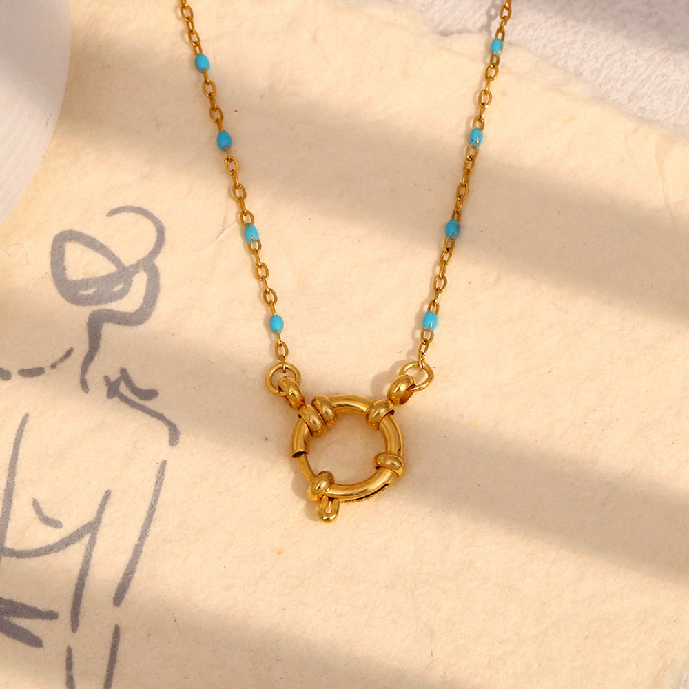 Gold Plated Stainless Steel Multicolor Bead Circle Pendant Necklace — circle pendant front view