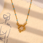 Gold Plated Stainless Steel Multicolor Bead Circle Pendant Necklace — circle pendant front view