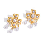 Gold-Tone Pearl-Look Cross Stainless Steel Drop Earrings finish and shape detail