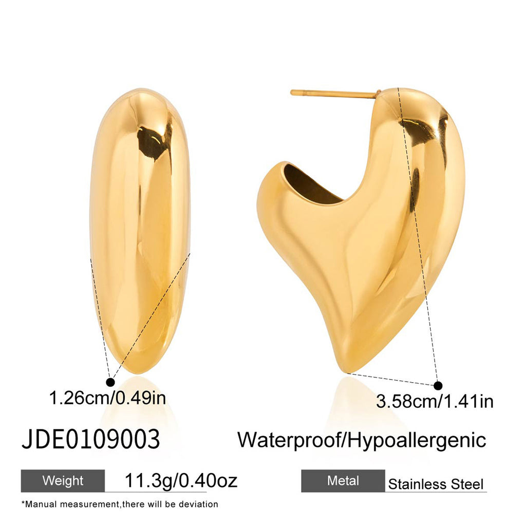 Sculptural heart stud earrings dimensions and stainless steel material detail
