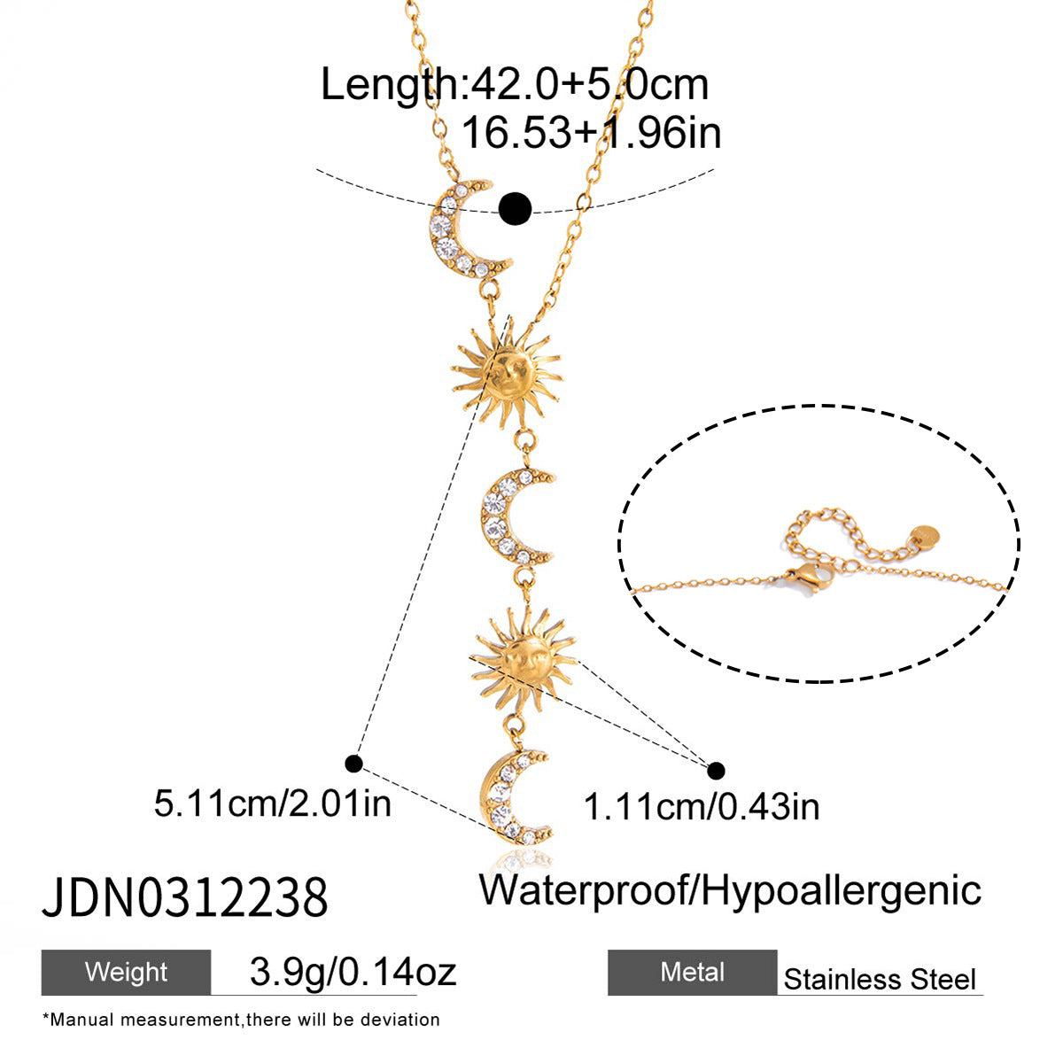 Sun and crescent Y necklace size image showing 42 cm chain plus 5 cm extension