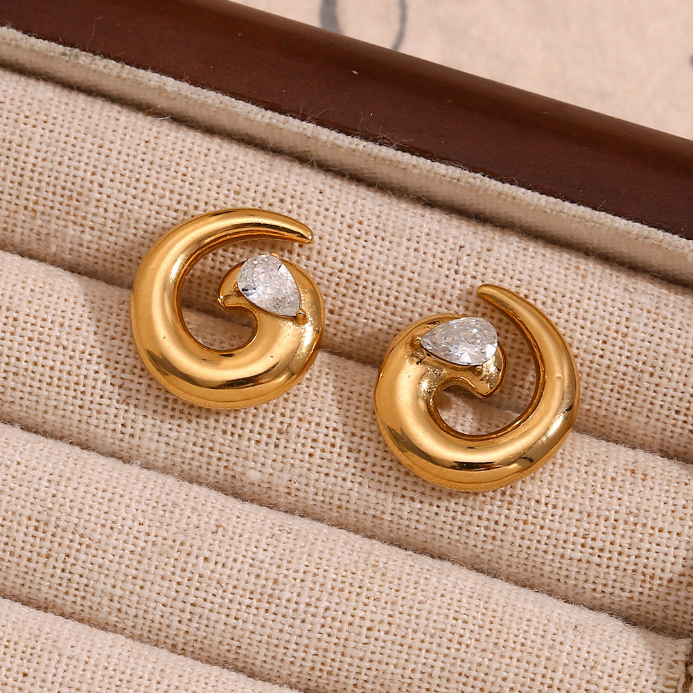 Gold Plated 316L Stainless Steel Spiral Zirconia Stud Earrings — pair in fabric-lined tray