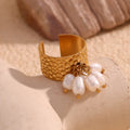 gold plated hammered stainless steel cuff ring with pearl cluster