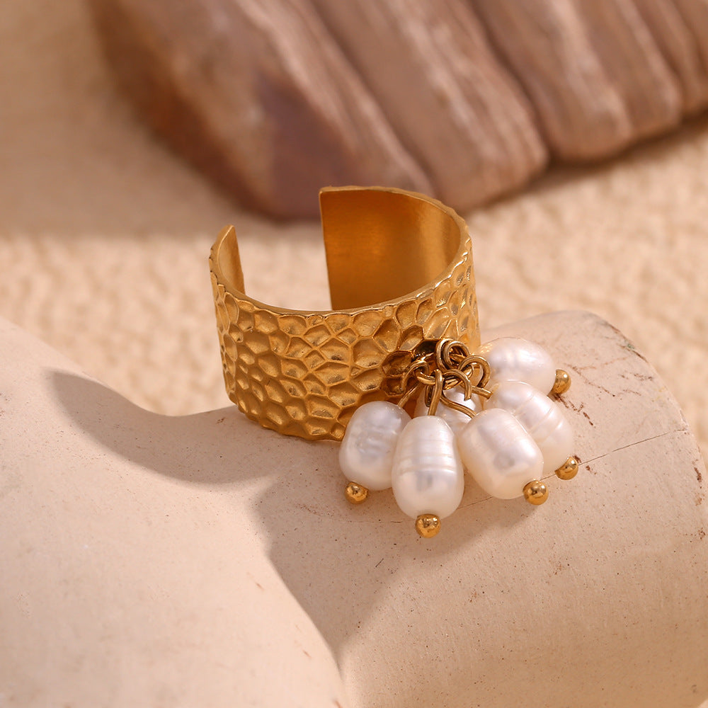 gold plated hammered stainless steel cuff ring with pearl cluster