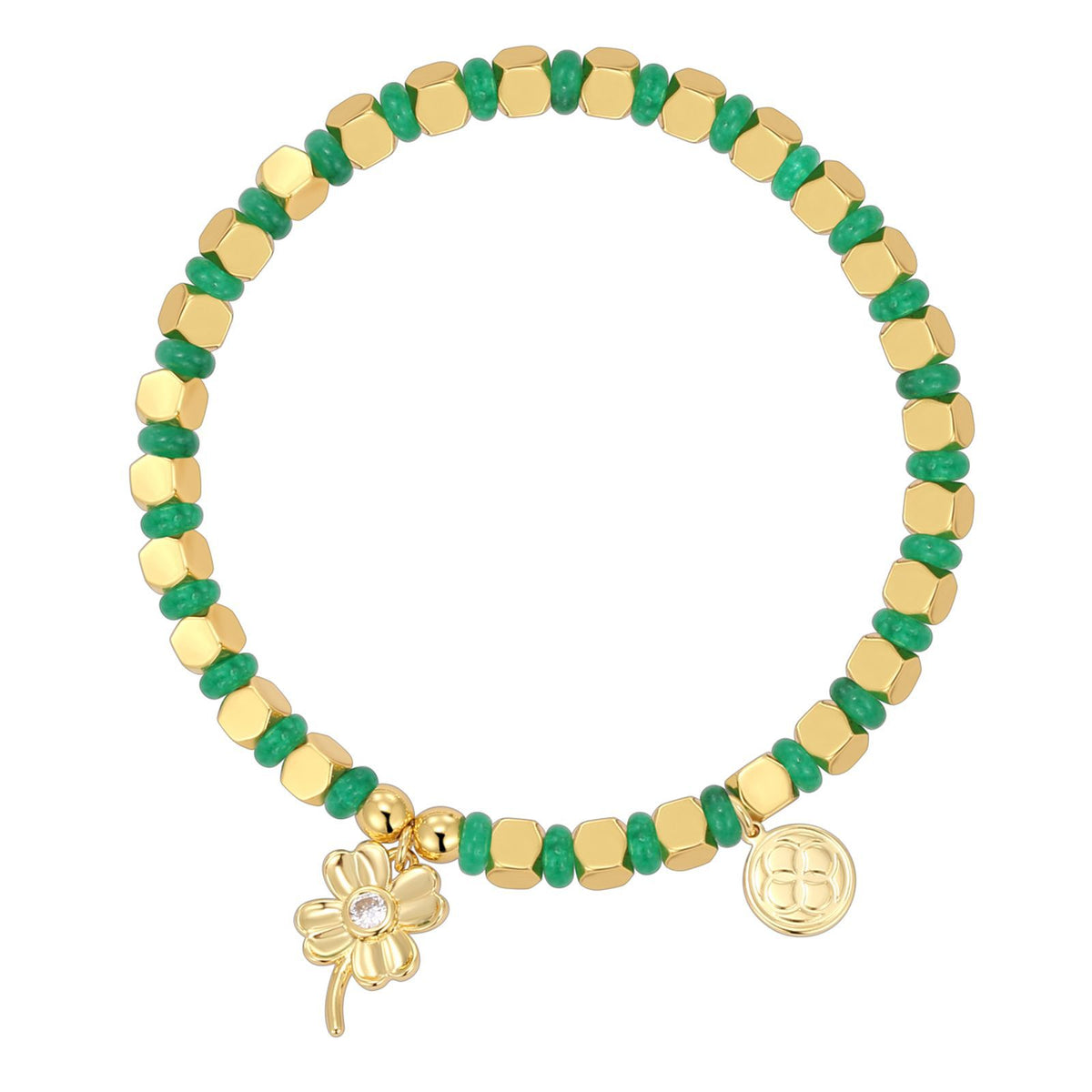 isolated gold plated clover charm bracelet with green disc beads