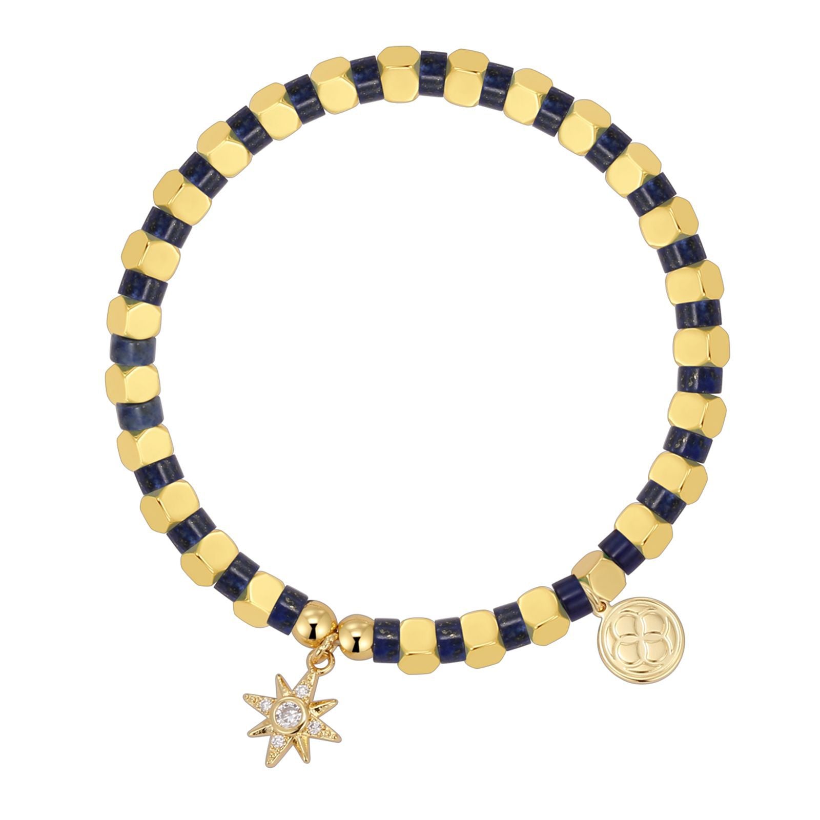 isolated dark blue cube bead bracelet with two gold plated charms