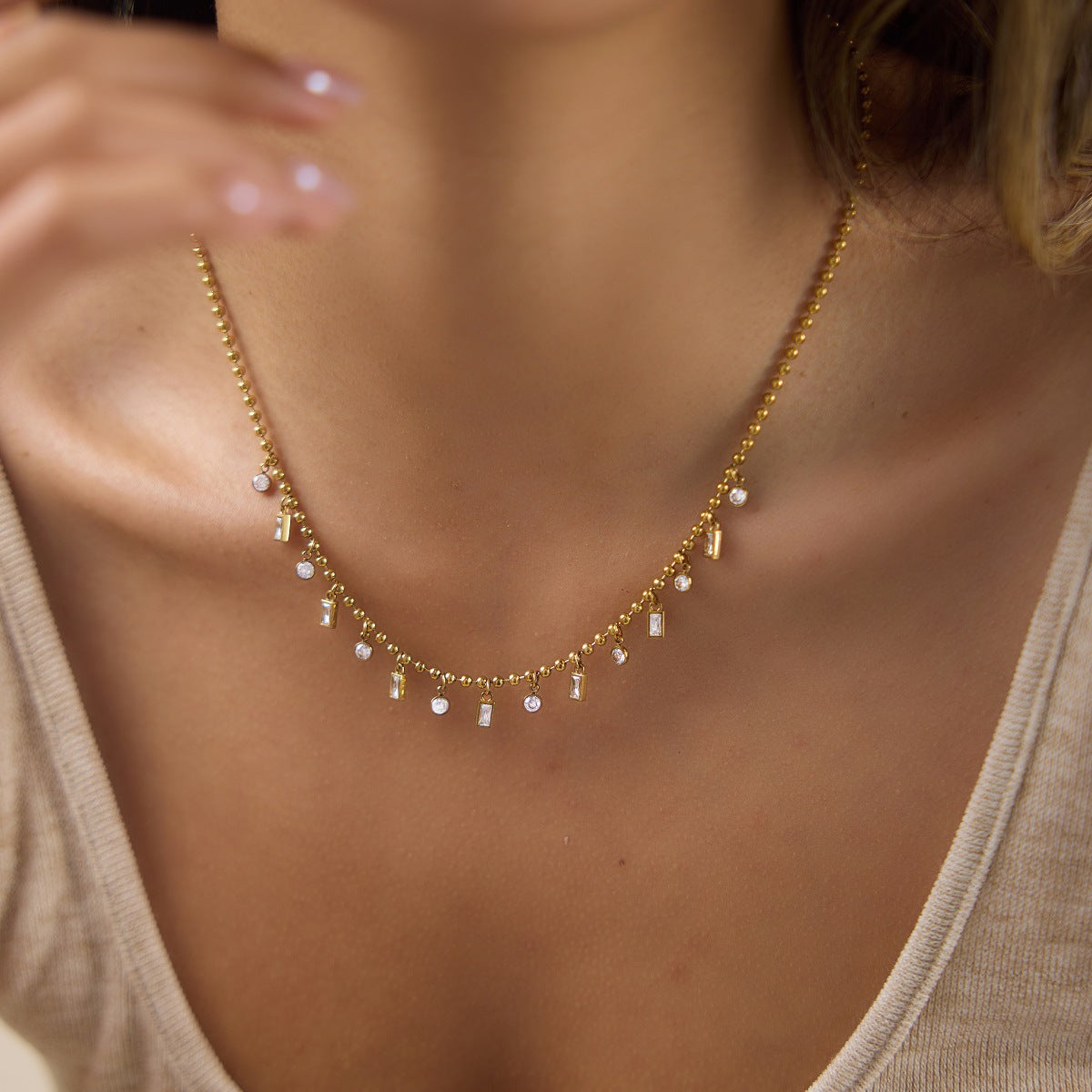 Clear Stone Charm Stainless Steel Necklace Collection — teardrop charm necklace worn view