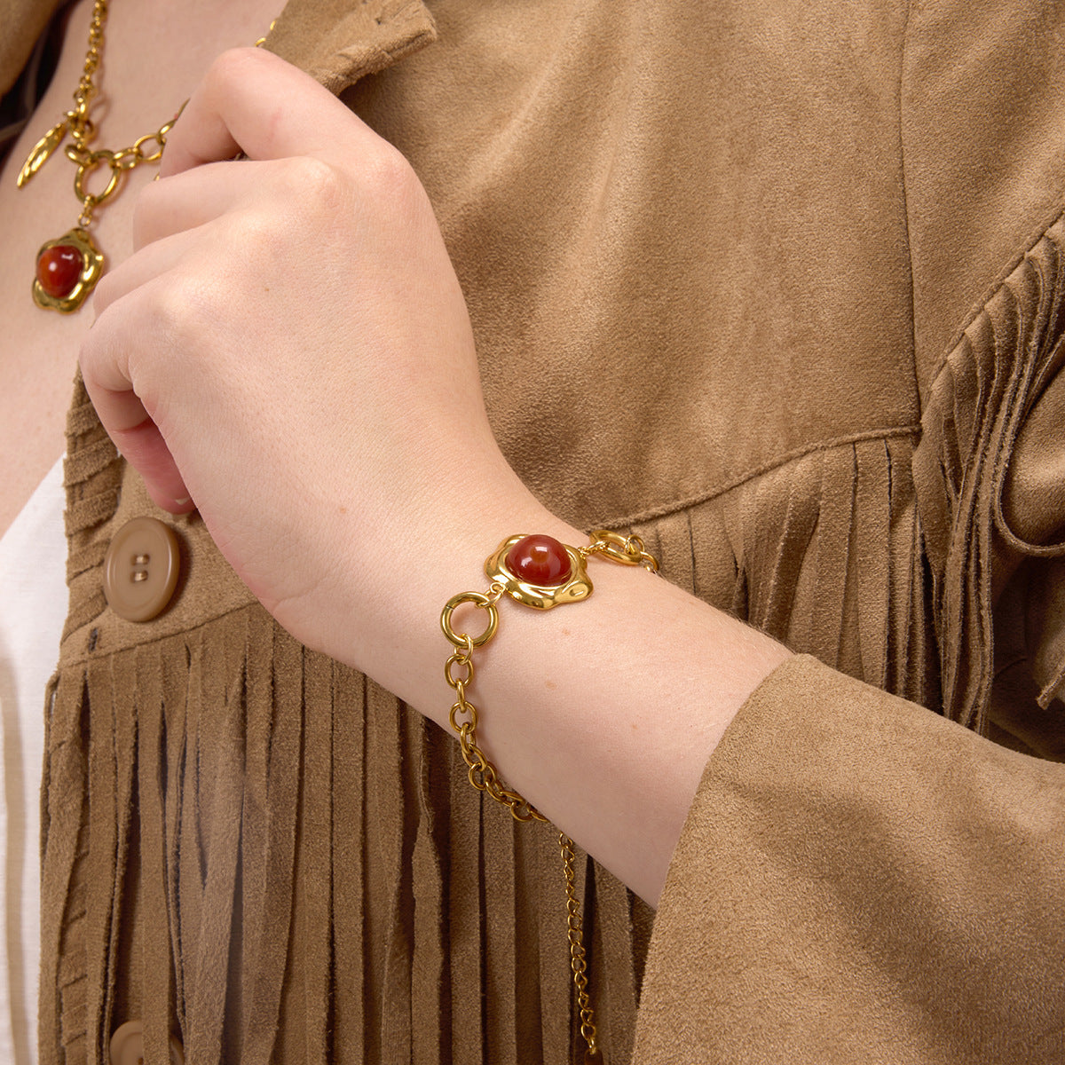 Gold-Tone Agate Cabochon Stainless Steel Statement Bracelet styled product view