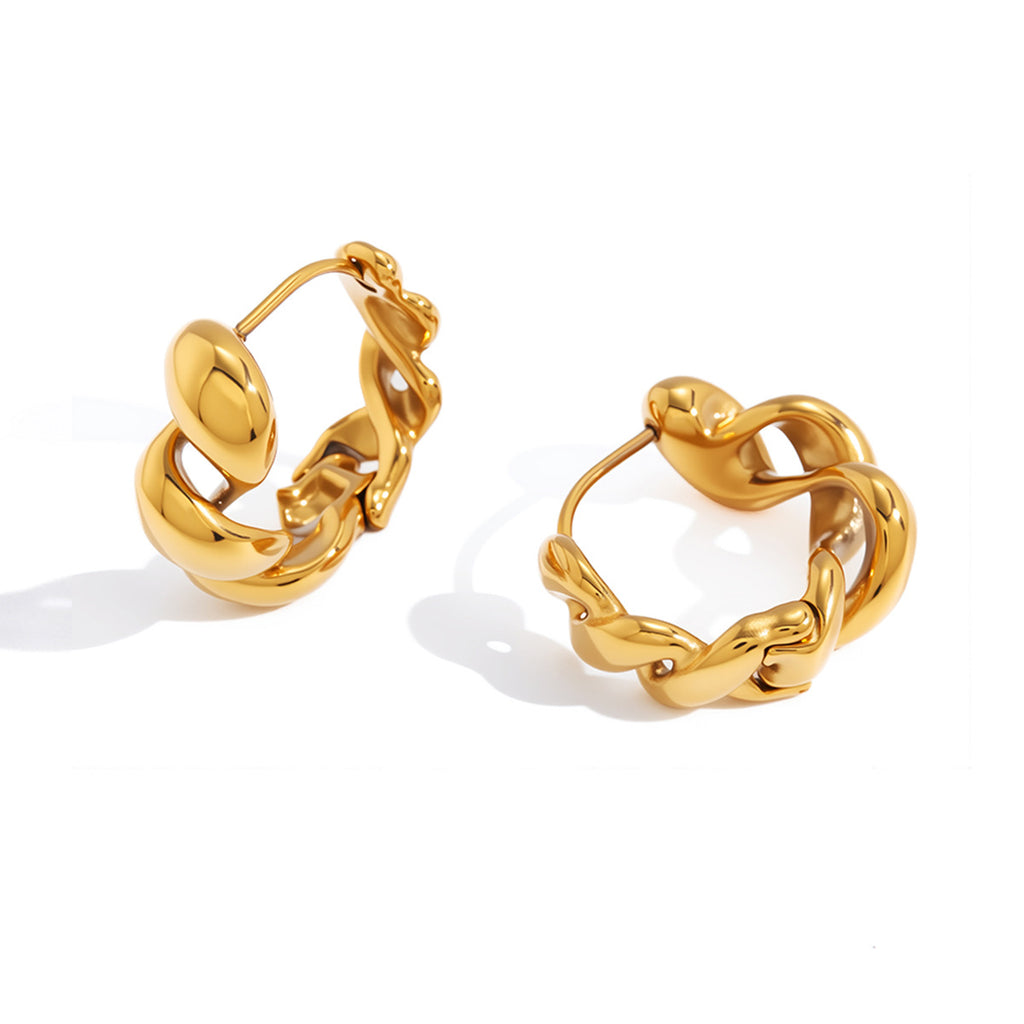 Polished chain-like hoop earrings on white background