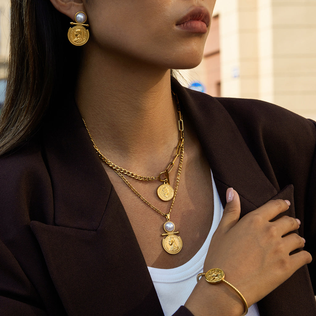 Gold Tone Coin Motif Stainless Steel Jewelry Collection — coin pendant necklace option