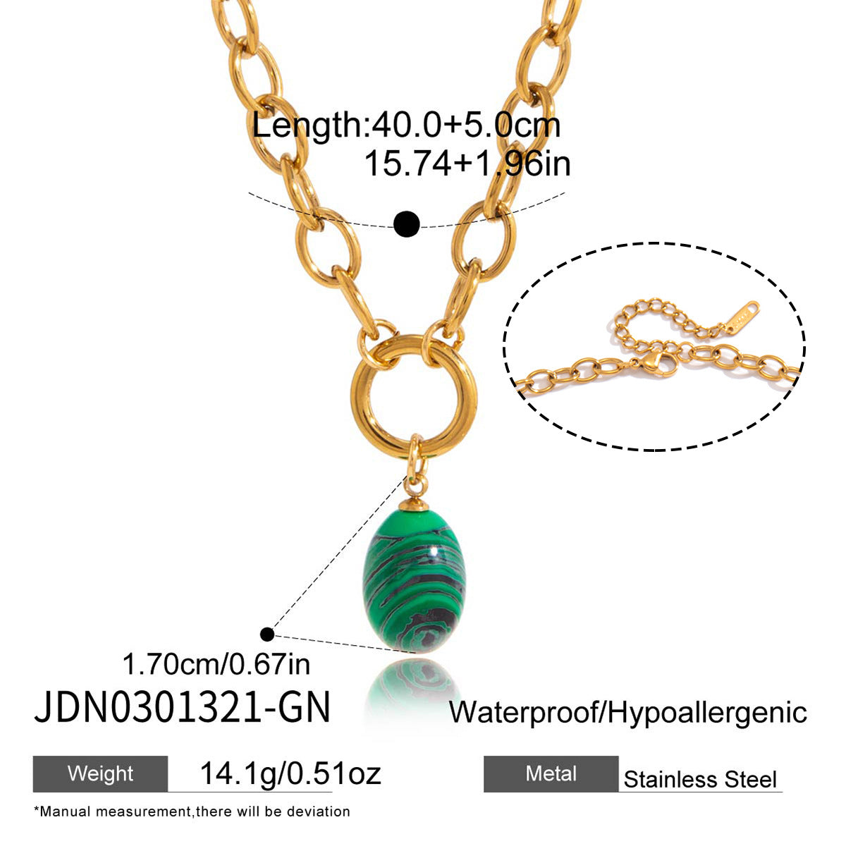 Green striped oval accent necklace length diagram
