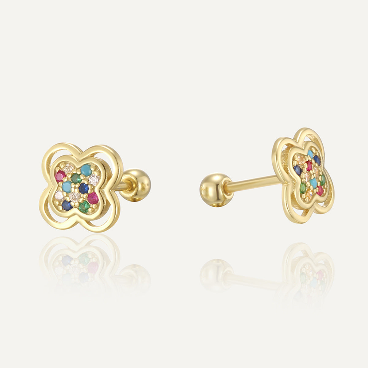 gold plated 925 sterling silver clover studs with multicolor stones