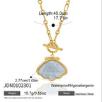 Blue shell pendant necklace length and front toggle detail