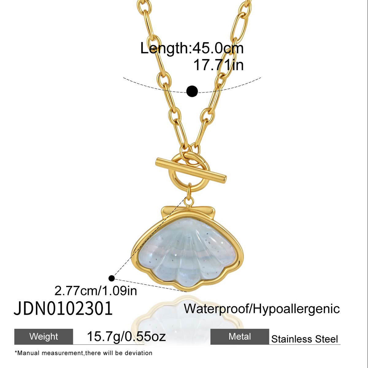 Blue shell pendant necklace length and front toggle detail
