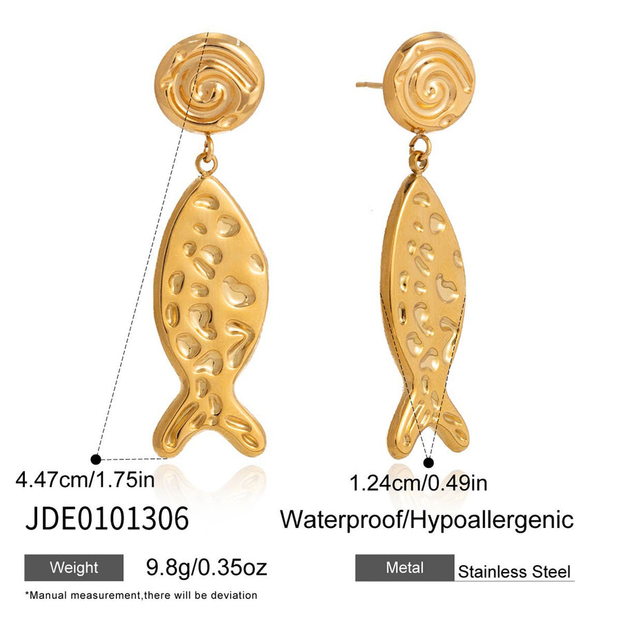 Stainless steel fish earring front and side dimensions
