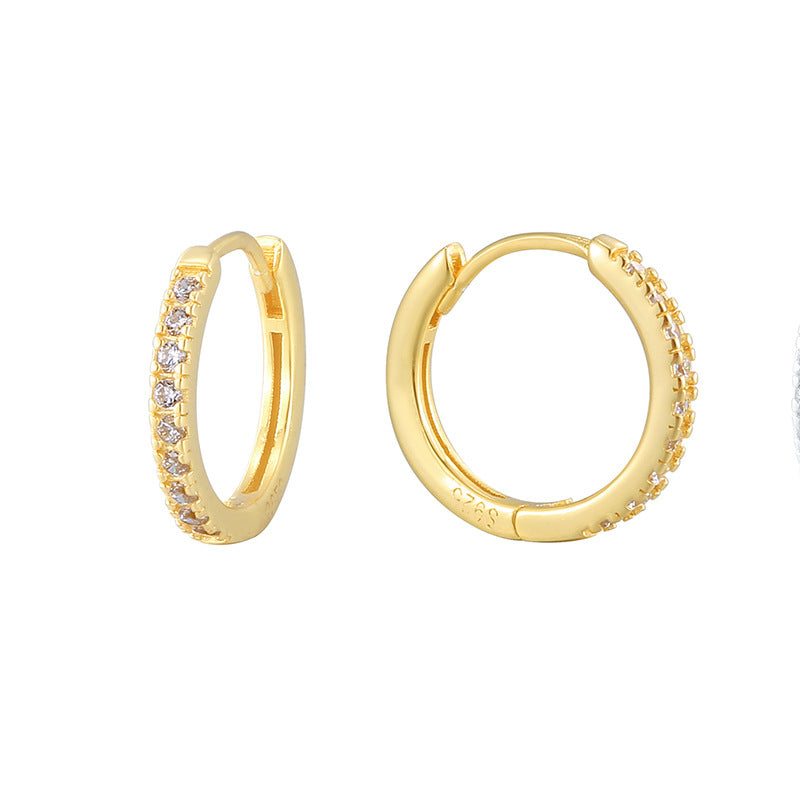 925 Sterling Silver Pavé Zirconia Huggie Hoop Earrings — gold pair showing pave front and hinge
