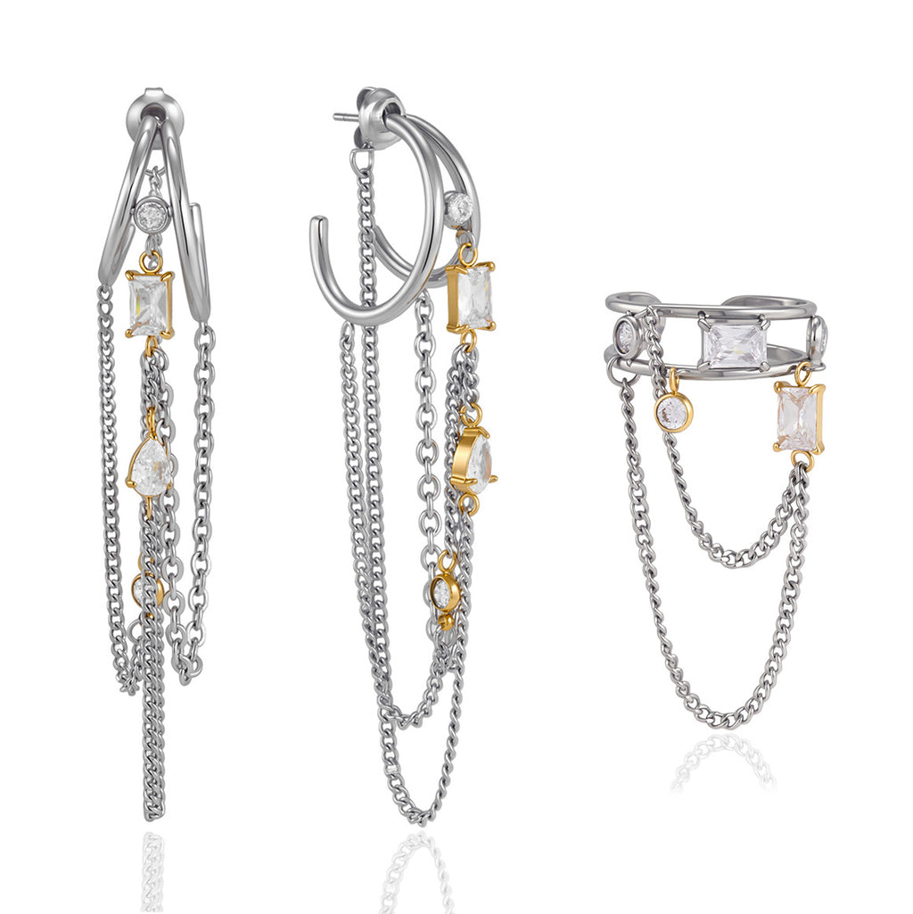 Front views of chain drape earrings and separate matching ring