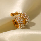 Gold Plated Pearl-Look Beaded Stainless Steel Hoop Earrings – product view 1