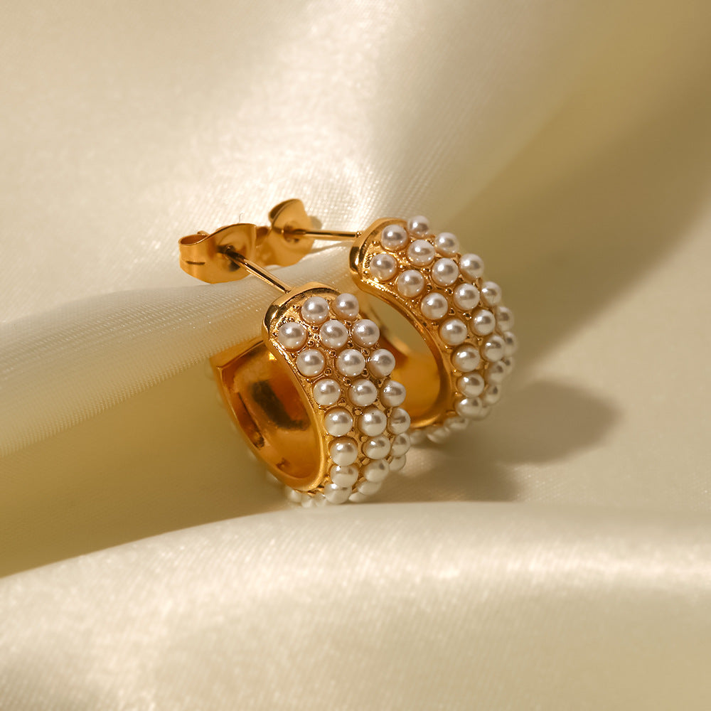 Gold Plated Pearl-Look Beaded Stainless Steel Hoop Earrings – product view 1