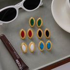Gold-Tone Colored Cabochon Stainless Steel Statement Stud Earrings close-up product view