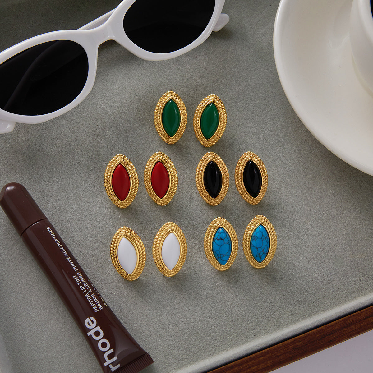 Gold-Tone Colored Cabochon Stainless Steel Statement Stud Earrings close-up product view