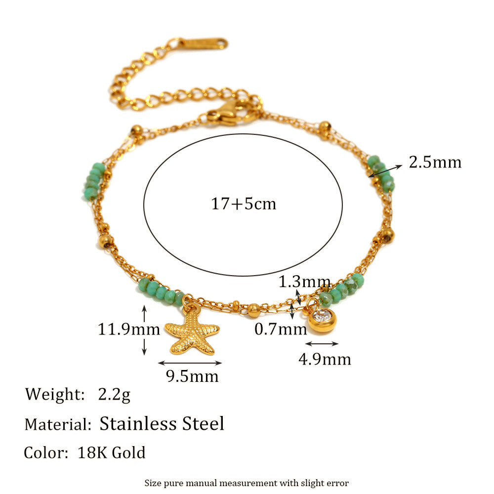 Gold Plated Stainless Steel Green Bead Starfish Double-Strand Bracelet — dimensions view