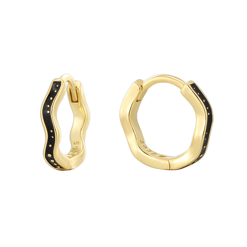 Gold Plated 925 Sterling Silver Black Resin Wave Hoop Earrings — black fronts and smooth inner hoops