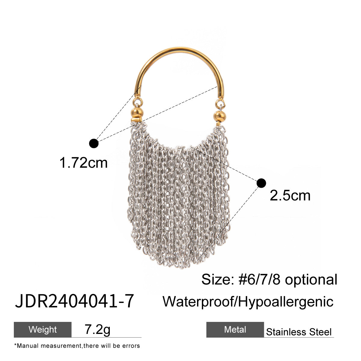 Stainless steel fringe ring with band and tassel measurements