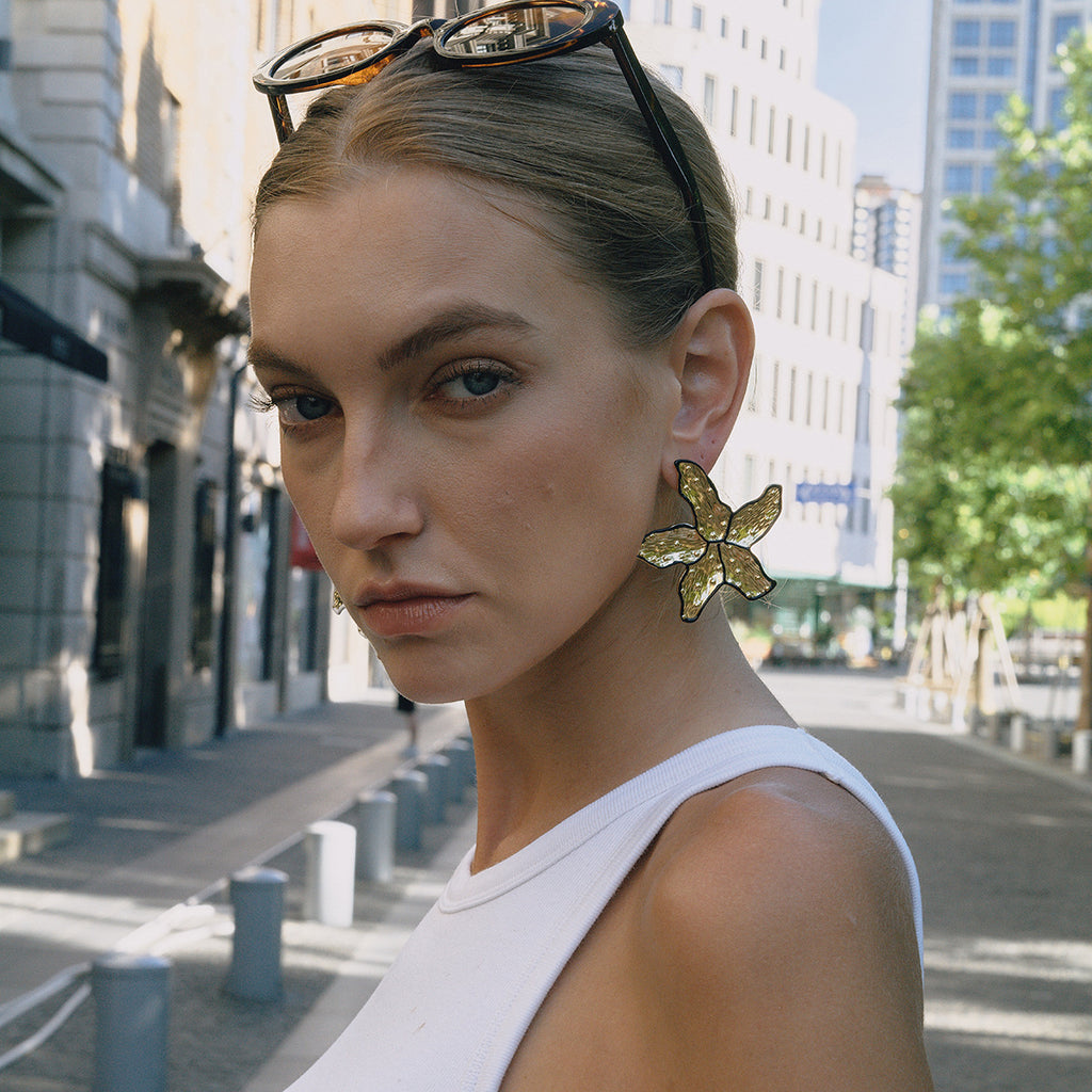 Gold-Tone Multicolor Flower Stainless Steel Stud Earrings styled product view
