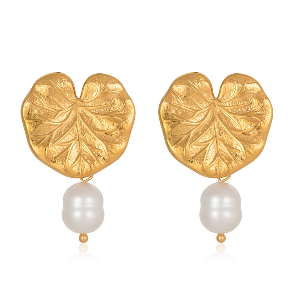 isolated embossed leaf earrings with white freshwater pearl drops