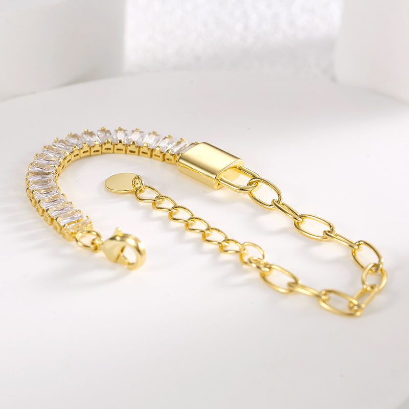 angled close view of rectangular zirconia and paperclip-style links