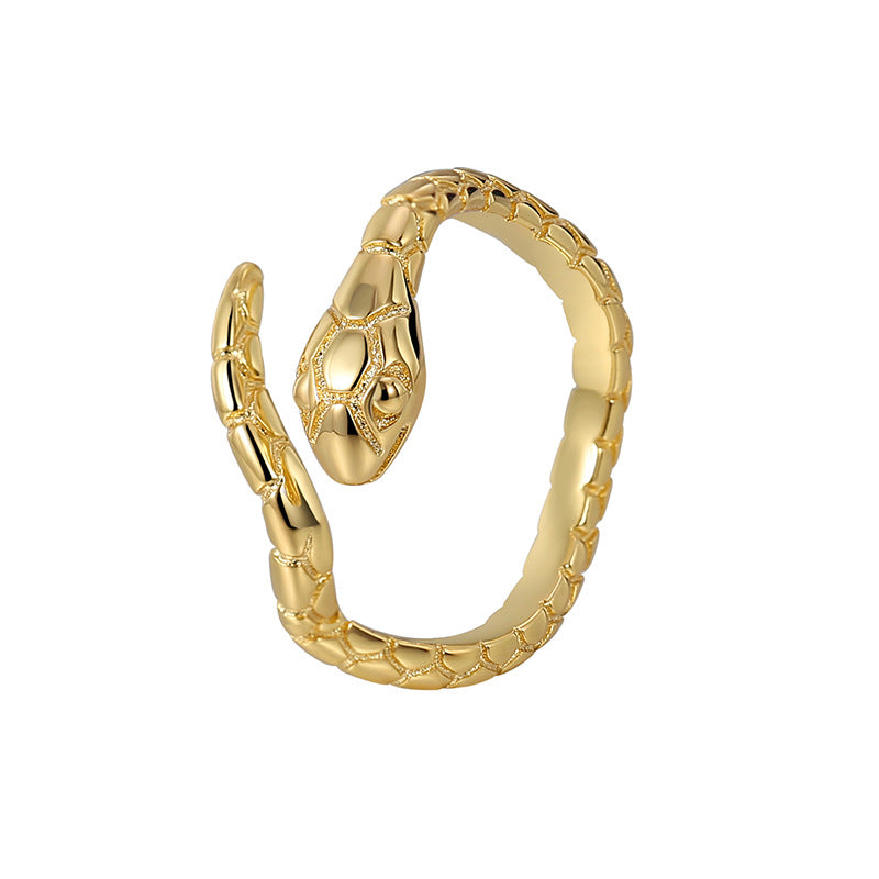 white-background view of coiled sculptural snake open ring
